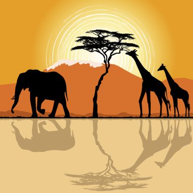 African landscape in sunset time with giraffes and elephant. clipart