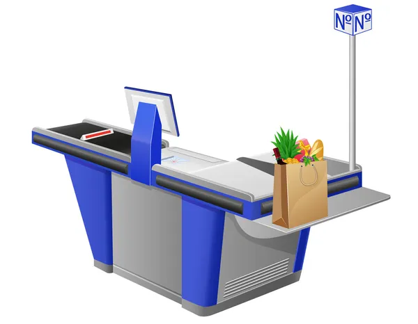 Caisse enregistreuse terminal et sac à provisions avec des aliments — Image vectorielle