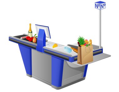 Cash register terminal and food stuffs clipart