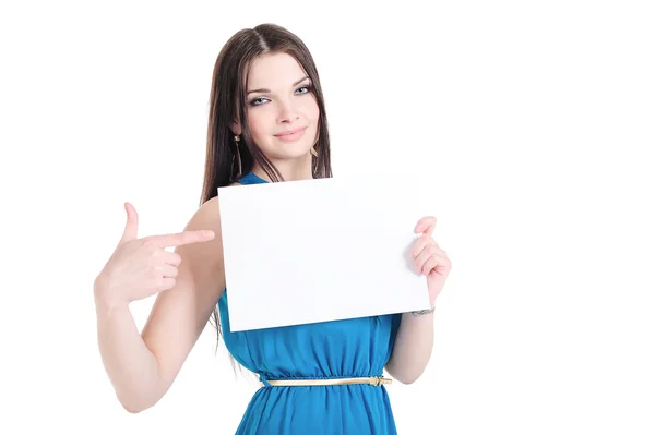 stock image Girl holding a sheet of paper with text space