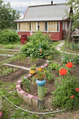 Various old items adorn the garden at the cottage clipart