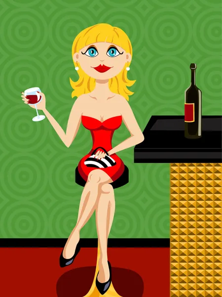 美丽的金发女人在酒吧喝红酒 — 图库矢量图片
