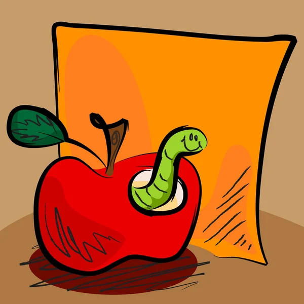 Grungy gusano de manzana de dibujos animados con pegajoso — Vector de stock