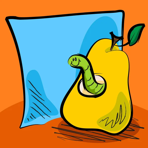 Grungy worm cartoon inside a pear with sticky note — Stock Vector