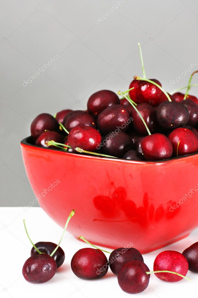 Red bowl of cherries