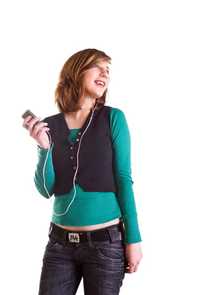 Loira adolescente menina ouvindo música — Fotografia de Stock