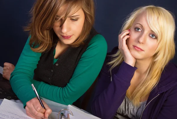 Twee meisjes met hun huiswerk — Stockfoto