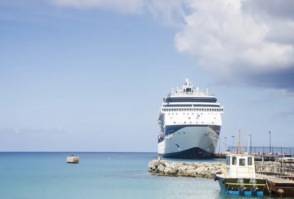 Modrá a bílá výletní loď a lodivodův člun — Stock fotografie