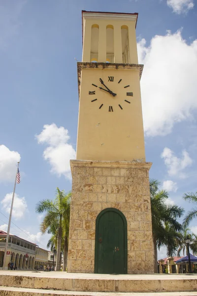 Block and Stucco Clock Tower with Green Door — Stock Photo, Image