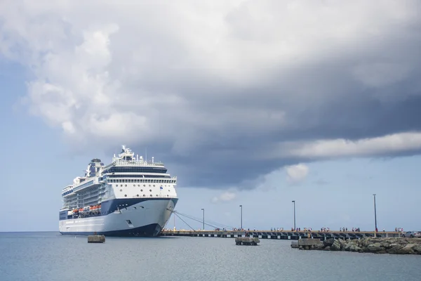 Passagiere verlassen Kreuzfahrtschiff unter wolkenlosem Himmel — Stockfoto