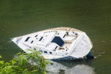 Yeşil su beyaz tekne terk edilmiş