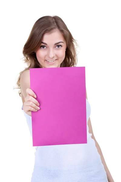 Kvinna innehav Tom rosa kartong — Stockfoto