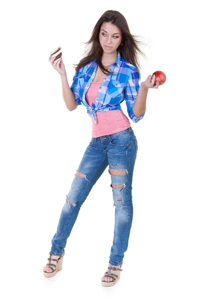 Girl with red apple and a cake — Stock Photo, Image