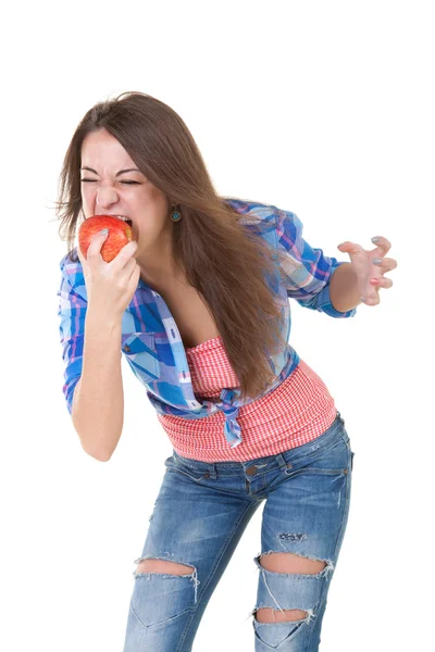 Vacker flicka äter ett äpple — Stockfoto