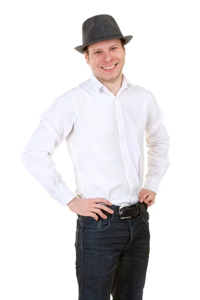 Portrét přitažlivého muže v šedý klobouk — Stock fotografie