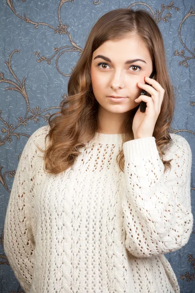 Portrait of a girl with a telephone against the backdrop of a re — Stock Photo, Image