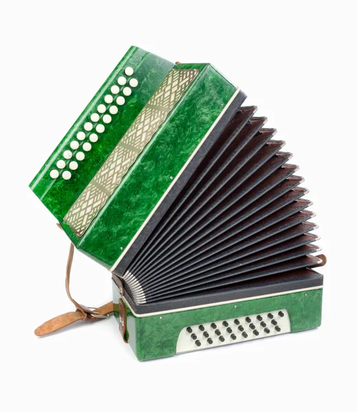 Zielony akordeon, na białym tle na białym tle — Zdjęcie stockowe