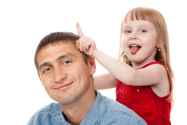 Little funny girl plays with her dad. Isolate on white. — Stock Photo, Image