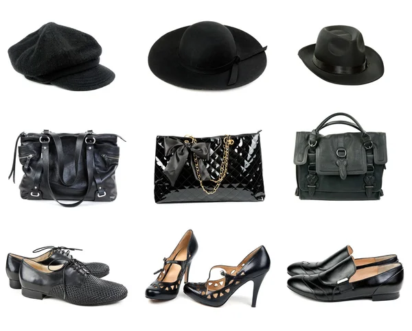 Drie sets van schoenen, hoeden en handtassen. — Stockfoto