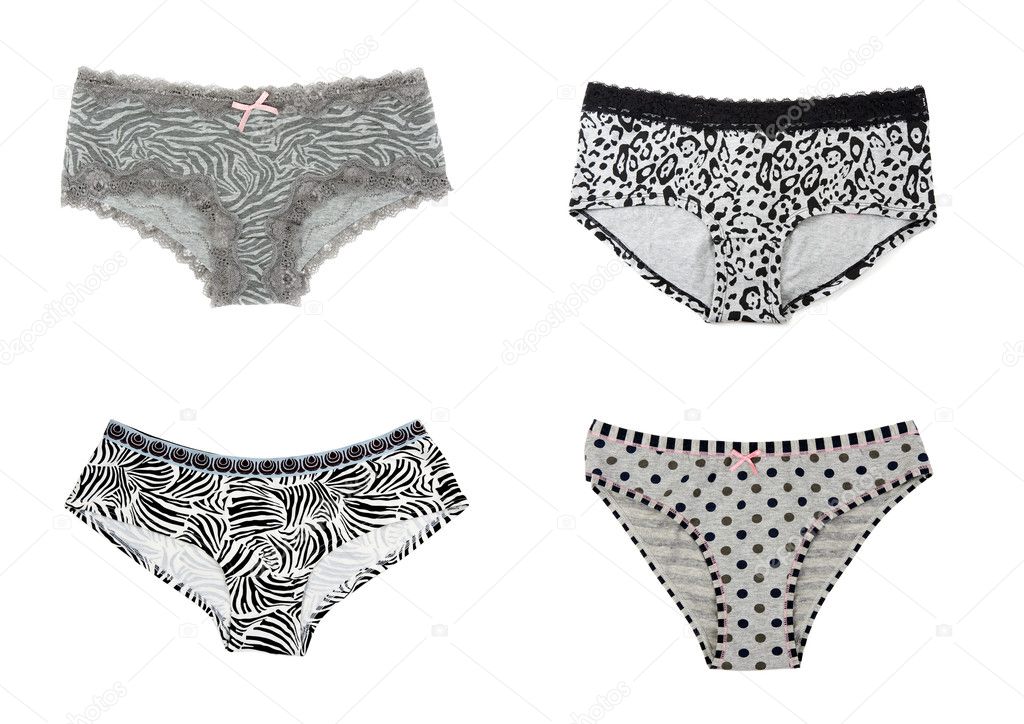 Collage of four simple gray women's panties.