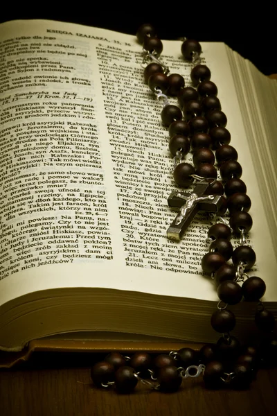 stock image Christian Holy Bible with Crucifix on rosary