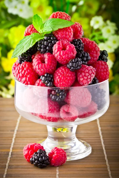 Frutas frescas doces em cálice de vidro com folha de hortelã — Fotografia de Stock