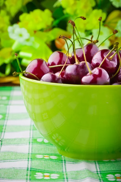 Солодкі вишневі фрукти в барвистій мисці — стокове фото
