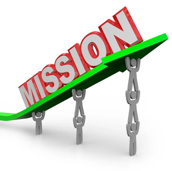 Team Lifting Mission Word on Arrow Job Accomplished — Stock Photo, Image