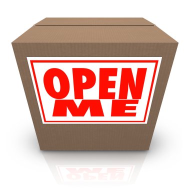 Open Me Label on Cardboard Box Mystery Present Package clipart
