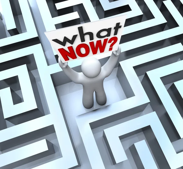 What Now Confused Person Holding Sign Lost in Maze — Stock Photo, Image