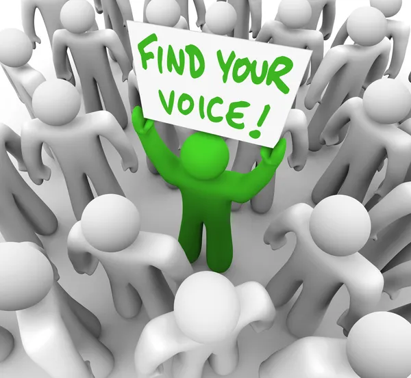 Find Your Voice Man Holding Sign in Crowd - Confidence — Stock Photo, Image
