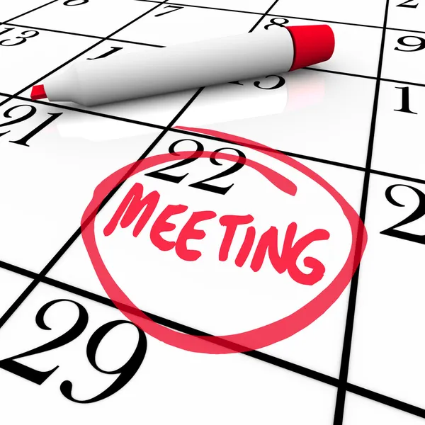Spotkanie wyraz zakreślony na Kalendarz czerwony znacznik — Zdjęcie stockowe