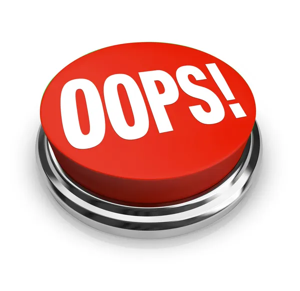 Oops palavra sobre grande botão vermelho correto erro — Fotografia de Stock