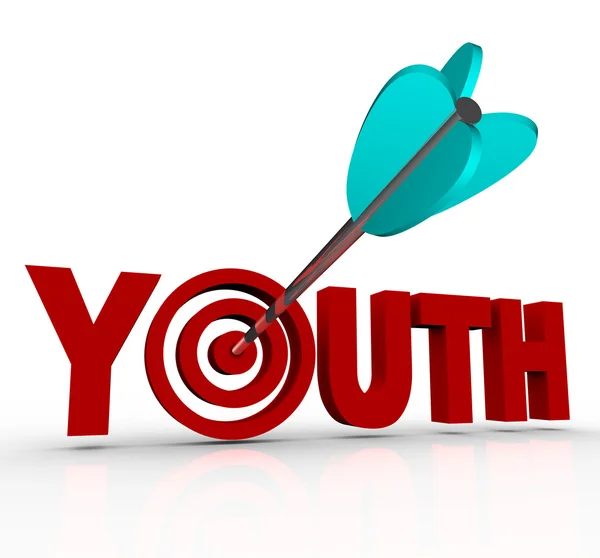 Palabra de la juventud Flecha en el objetivo Manténgase joven Detener el envejecimiento —  Fotos de Stock