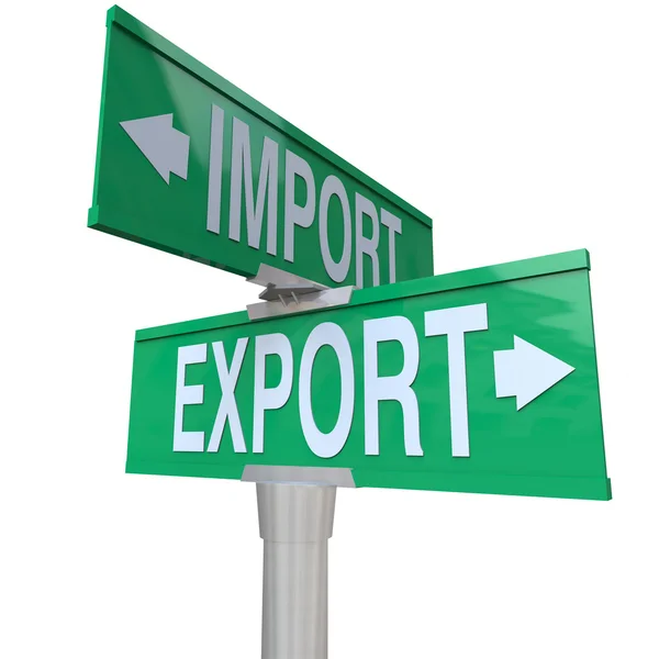 Import Export internationaler Handel in beide Richtungen Straßenschild — Stockfoto