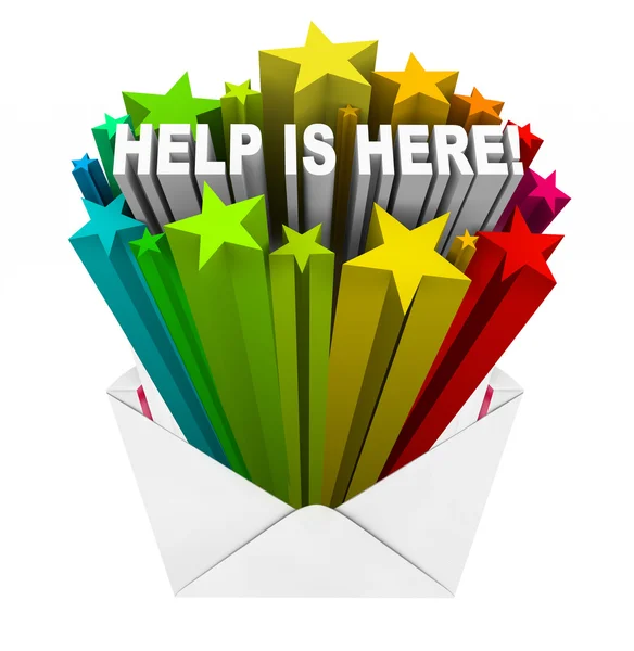 Help is hier envelop open opluchting ondersteuning bijstand — Stockfoto