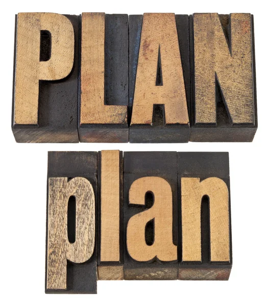 Plan word in letterpress wood type — Stockfoto