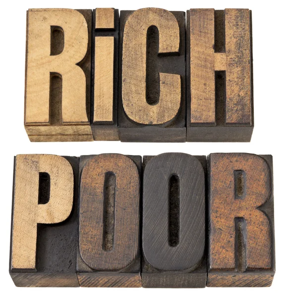 Palavras ricas e pobres em tipo de madeira — Fotografia de Stock