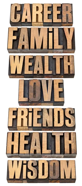 Life values list in wood type — Stock Photo, Image