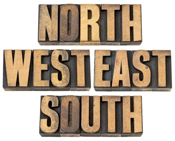 Βόρεια, ανατολικά, Νότια, Δυτική στο ξύλο τύπου — Φωτογραφία Αρχείου