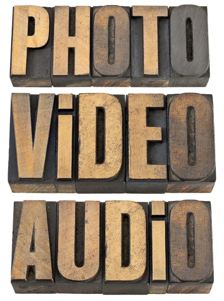 Photo, video, audio words in wood type — Stock Photo, Image