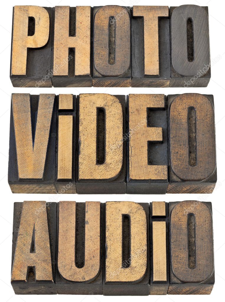 Photo, video, audio words in wood type