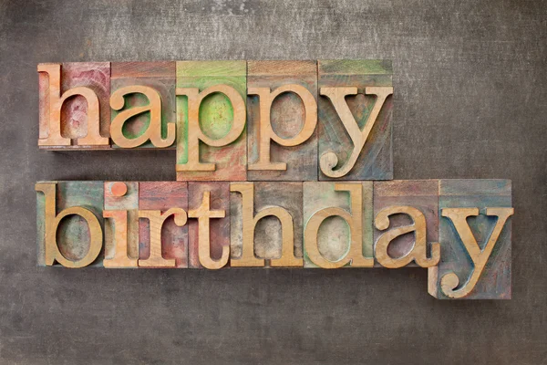 Happy birthday in wood type — Stock Photo, Image