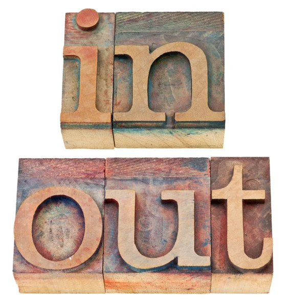 In and out word in wood type — Stock Photo, Image