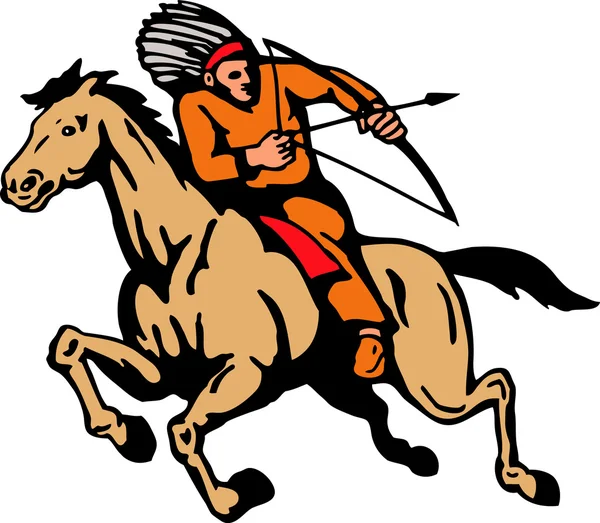 Indio americano montar caballo arco y flecha — Vector de stock