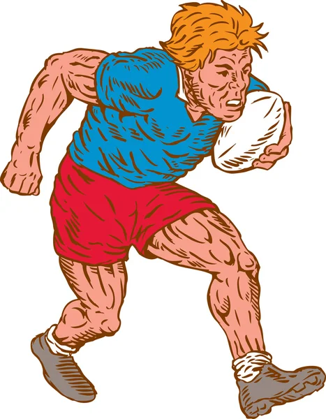 Jogador de rugby correndo com bola Woodcut — Vetor de Stock