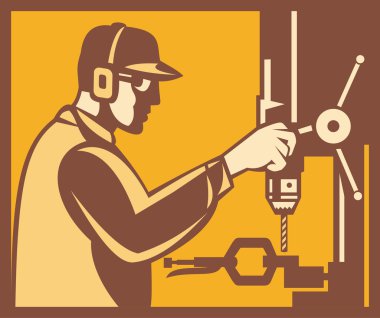 Factory Worker Operator With Drill Press Retro clipart