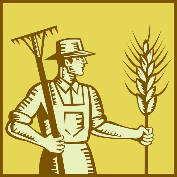 Agricultor com ancinho e trigo Woodcut — Vetor de Stock