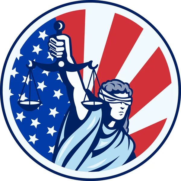 Amerikanische Dame mit Waage der Gerechtigkeit Flagge retro — Stockvektor