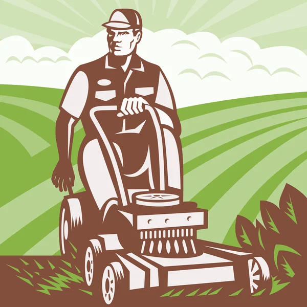 Jardinero paisajista montar cortacésped retro — Vector de stock